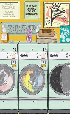 an illustration of a washing machine with soap and laundry products on the front, next to it