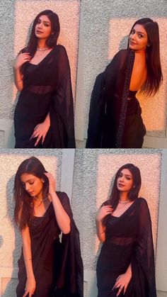 four pictures of a woman in black dress and shawl posing for the camera with her hands on her head