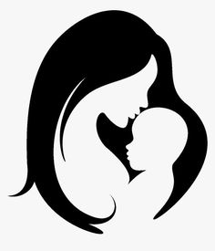 the silhouette of a mother and child's head in black on a white background