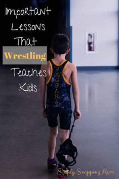 a young boy with a baseball glove standing in front of an art piece that says, important lessons that wrestling teaches kids