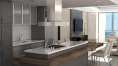 a modern kitchen with an island counter and chairs