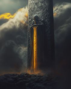 a tall tower in the clouds with a person standing on it's side looking down