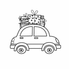 a car with presents on the roof is shown in this black and white drawing,