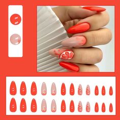 IMSOHOT Almond Press on Nails Orange Medium Fake Nails Glossy Gel Glue on Nails with Juice Designs Full Cover Stiletto Acrylic False Nails 24pcs Nail Short, Instagram Trends, Cute Fruit, Persimmon, Red Accents, False Lashes, Nail Manicure