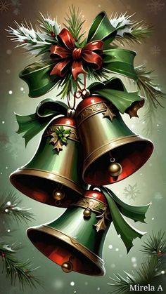 three bells with holly leaves and bows on them