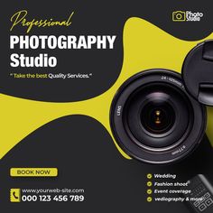 an advertisement for a photography studio with a camera and flash drive next to the photographer's lens