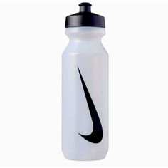 a white water bottle with a black nike logo on it