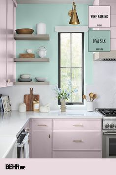 Wine Pairing S120-1 and Opal Silk PPU12-08 are the perfect pastel duo to give your kitchen a kiss of kitsch (without overdoing it).