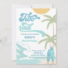 a birthday card with a surfboard and palm trees