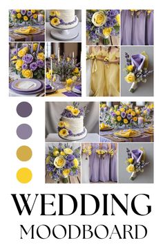 wedding mood board with yellow and purple flowers