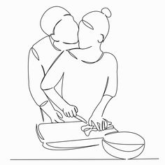 one line drawing of two people preparing food