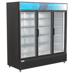 two glass door refrigerators sitting next to each other on casteors with shelves in front of them