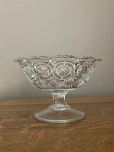 a glass bowl sitting on top of a wooden table