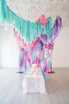 Spa Party Fringe Backdrop-Fringe Backdrop-Party Decor-Oh My Darling Party Co-Oh My Darling Party Co-baby shower Party Fringe, Rainbow Birthday Decorations, Streamer Wall, Fringe Decor, Colorful Backdrop, Chic Bridal Showers, Fringe Backdrops, Pastel Party, Balloon Kit