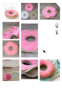 the instructions for how to make a donut shaped purse with felt and buttons on it