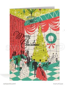 a christmas card with an image of people in front of a tree and the words merry christmas