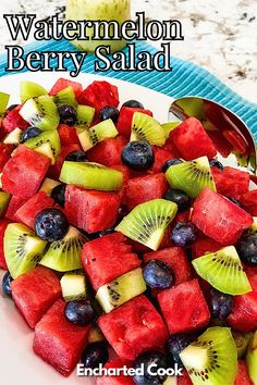 Watermelon and berries piled on a white platter with text overlays. Savory Chicken Salad, Watermelon Fruit Salad, Salad Recipes Healthy Lunch, Fruit Combinations, Honey Dressing, Berry Salad, Savory Pancakes, Watermelon Salad, Savory Chicken