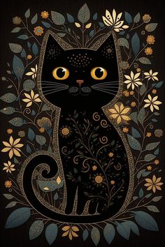 a black cat with yellow eyes sitting on top of flowers and leaves in front of a black background