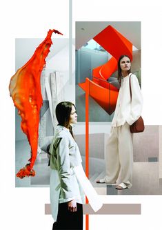 two women are standing in front of an orange sculpture and another woman is looking at it