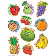 various fruit stickers with faces and words on them, including apples, bananas, cherries