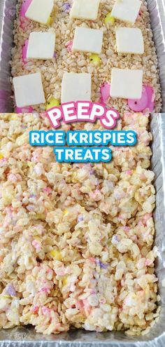 rice krispies treats in a pan with marshmallows and other toppings