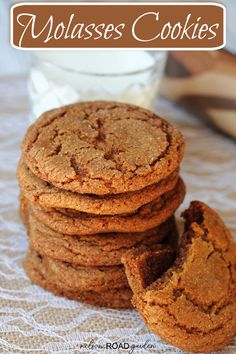 several cookies stacked on top of each other with the words molasses cookies above them