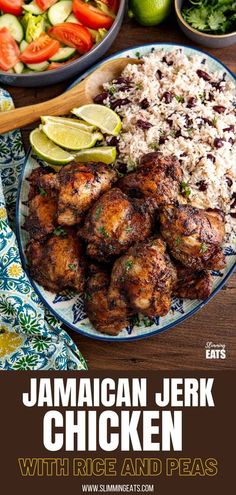 jamaican jelk chicken with rice and peas on a plate next to bowls of vegetables