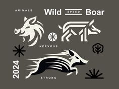 the wild boar logo is shown in black and white, with other symbols surrounding it