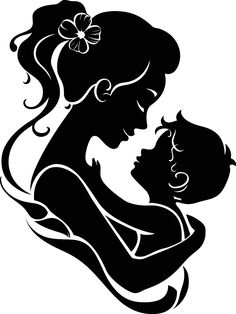 a woman holding a baby in her arms with flowers on it's head and the silhouette