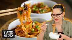 a woman is eating noodles with chopsticks in front of her and an image of the