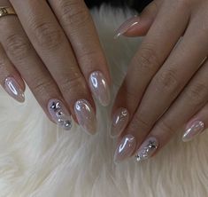 Sheer White Nails With Design, Pearl Nails Almond Shape, Krystal Oh Nails, Chrome Nails With Charms, Sandy Liang Nails, Enhypen Nails Designs, Douyin Nails Almond, Korea Nails Design, Glitter Jelly Nails