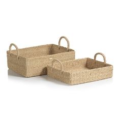 two woven baskets with handles and handles on each side, one is empty or not