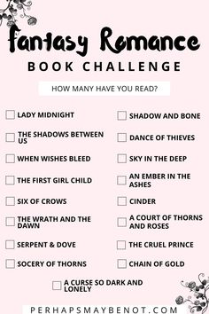 a pink and black checklist with the words fantasy romance book challenge written on it