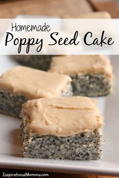 homemade poppy seed cake on a white plate with text overlay that reads homemade poppy seed cake