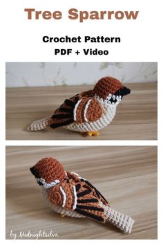 two crocheted birds sitting on top of a wooden table next to each other