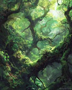 an artist's rendering of a forest with mossy trees