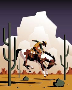 a man riding on the back of a brown horse next to tall cactus trees in a desert