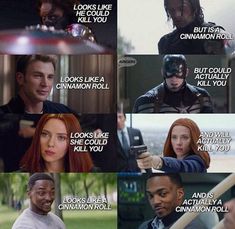 the avengers and captain america characters are in different positions, with captioning from each