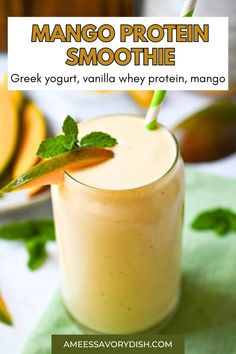 Try this delicious Mango Protein Smoothie recipe. Brighten up your mornings with this creamy Mango Protein Shake! Made with milk, Greek yogurt, vanilla whey protein, frozen mango, and a hint of almonds, it’s the perfect protein-packed boost for breakfast or a refreshing post-workout smoothie. A tropical protein-packed smoothie that is filling and nutricious. Healthy Vanilla Smoothie, Mango Protein Smoothie Recipe, Vanilla Protein Smoothie Recipes, Whey Protein Smoothie Recipes, Vanilla Protein Powder Smoothie, Yogurt Protein Smoothie, Protein Powder Smoothie Recipes, Protein Powder Recipes Shakes