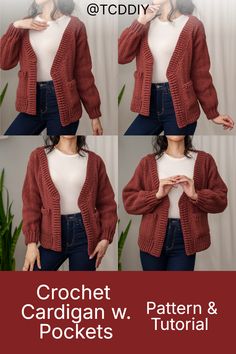 the crochet cardigan w / pockets pattern is shown in three different views