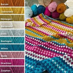 the crochet afghan is shown in different colors and sizes, including blue, yellow, pink, green, purple, white