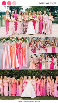 the bride and her bridal party are posing for pictures in their pink gowns