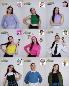 several photos of women in different outfits posing for the camera, with their hands on their hipss