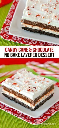 two pictures of candy cane chocolate cake with no bake layered dessert