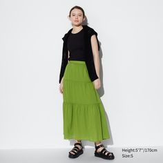 Crinkle Cotton Tiered Skirt | UNIQLO US Uv Protection Clothing, Long Midi Skirt, Green Maxi Skirt, Crinkle Cotton, Jean Michel Basquiat, Roger Federer, Tank Top Camisole, Spring Shirts, Metal Gear