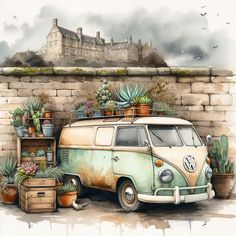 an old vw bus parked in front of a brick wall with succulents and cacti