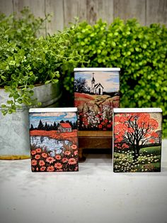 four small paintings are sitting in front of a potted plant on a table next to a wooden fence