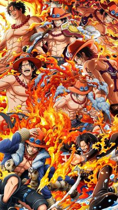 one piece characters surrounded by fire and flames