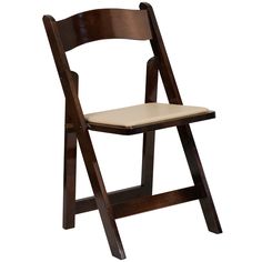 a wooden folding chair with a seat cushion on the back and side, against a white background