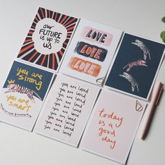 four different greeting cards with writing on them